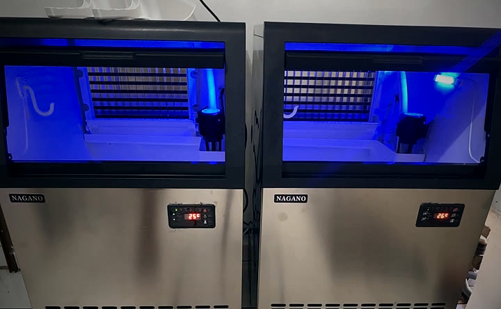 Máquina de gelo com a luz azul ligada